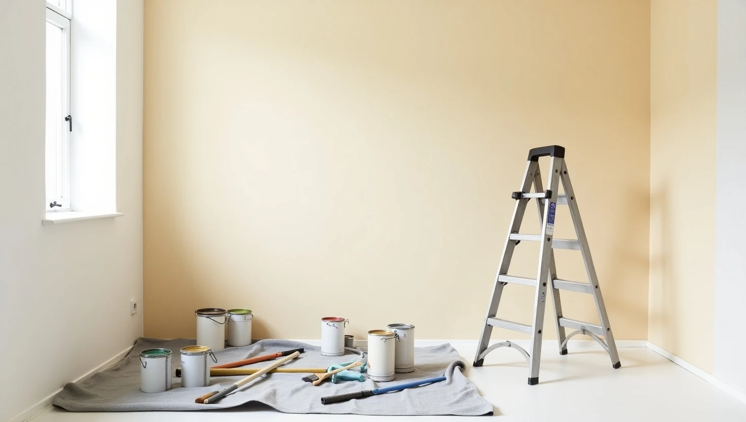 An empty room being painted in light, neutral colors, with paint cans, brushes, and a ladder nearby.