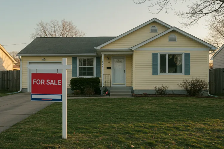 A For Sale sign standing alone in front of a house with no visitors.
