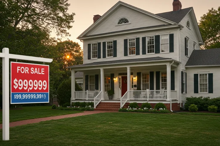 A house with a ‘For Sale’ sign in front displaying an unrealistically high price.