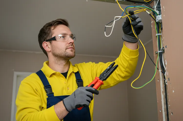 A professional electrician examining home wiring with precision tools.
