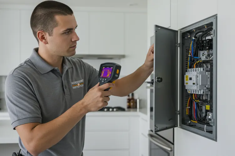 A professional home inspector using a handheld infrared an electrical panel inside a modern home.
