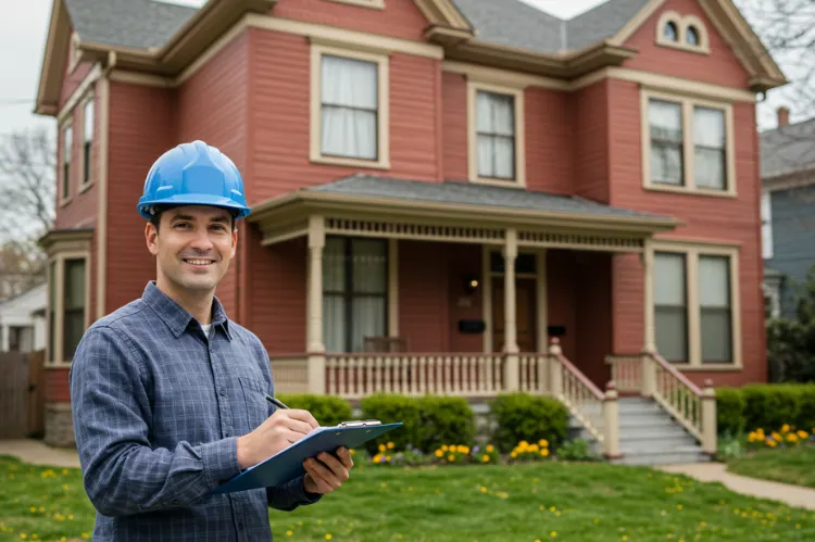 A home inspector wearing a hard hat and holding a clipboard, standing in front of a house.