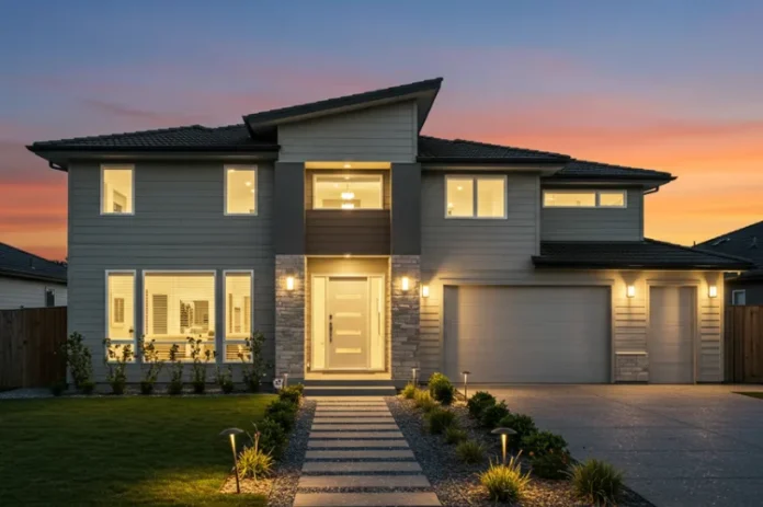 A well-lit, modern suburban home at dusk.