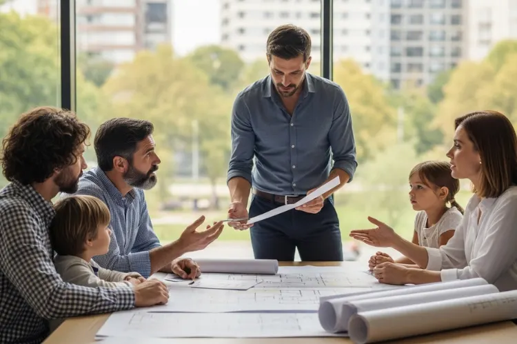A family consulting with construction professionals.