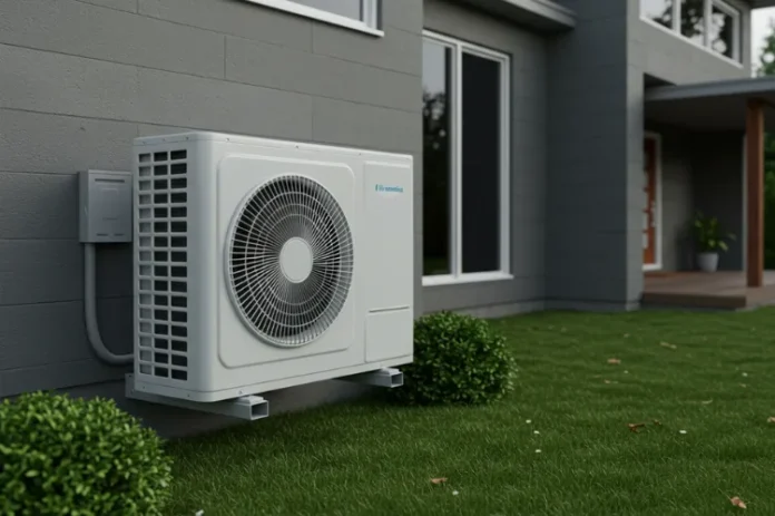 A modern residential HVAC unit outside a home.