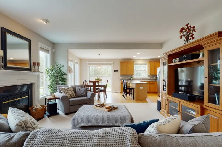 A cozy family living room with an open floor plan.