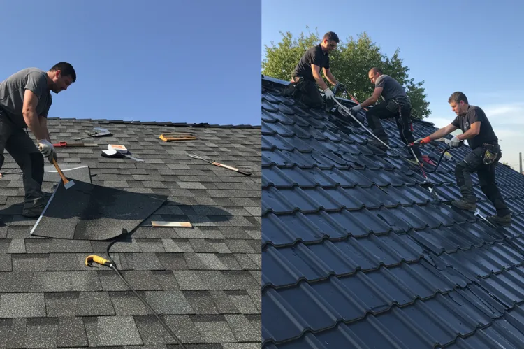 Split-screen image one side showing a low-quality roof repair other side roof repair showing professional tools and materials.
