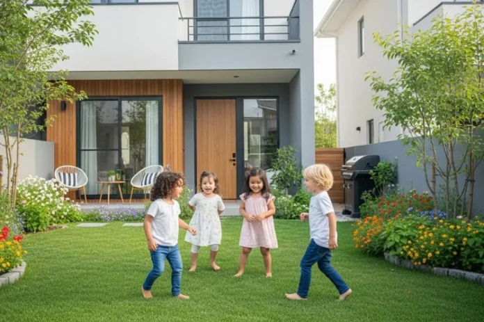 A modern, cozy family home with a lush green yard, kids playing outside.