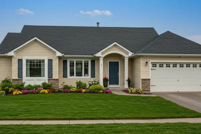 A well-maintained modern suburban house with a clean roof, fresh paint.
