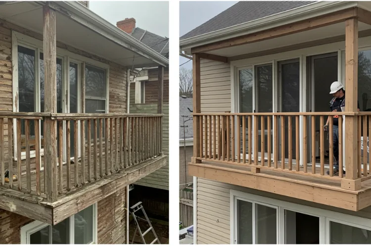 Before-and-after comparison of a deteriorating wooden balcony being replaced.