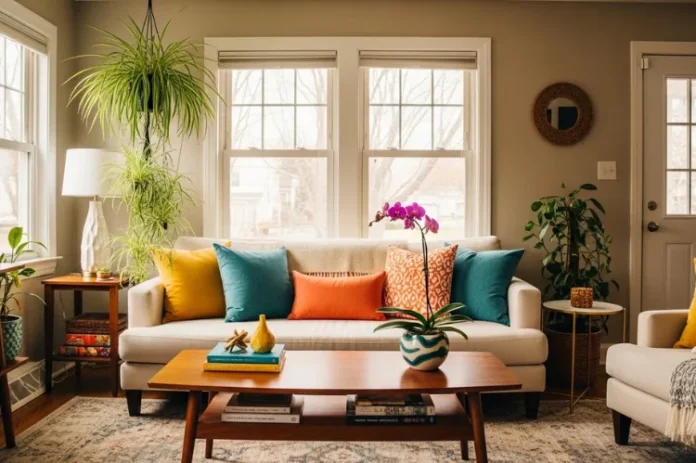 A cozy, well-lit living room with vibrant throw pillows, houseplants.