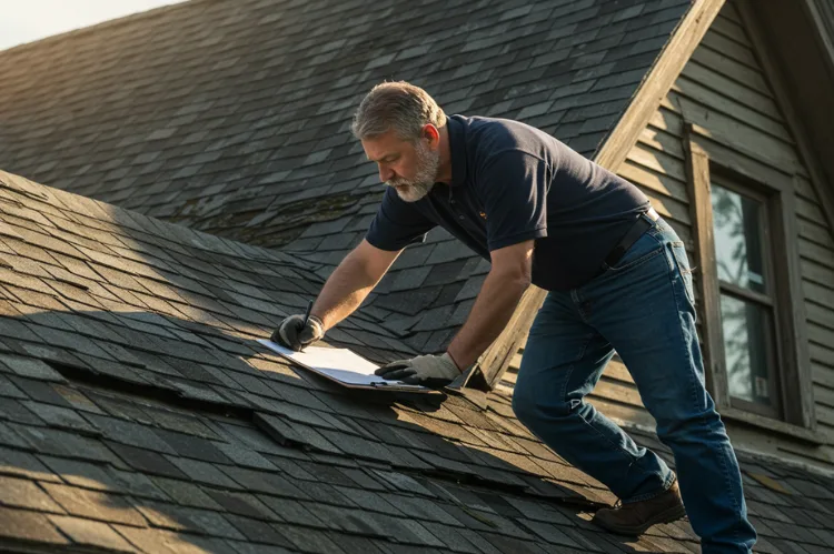 Home inspector evaluating an old house roof with a clipboard. -home repair cost