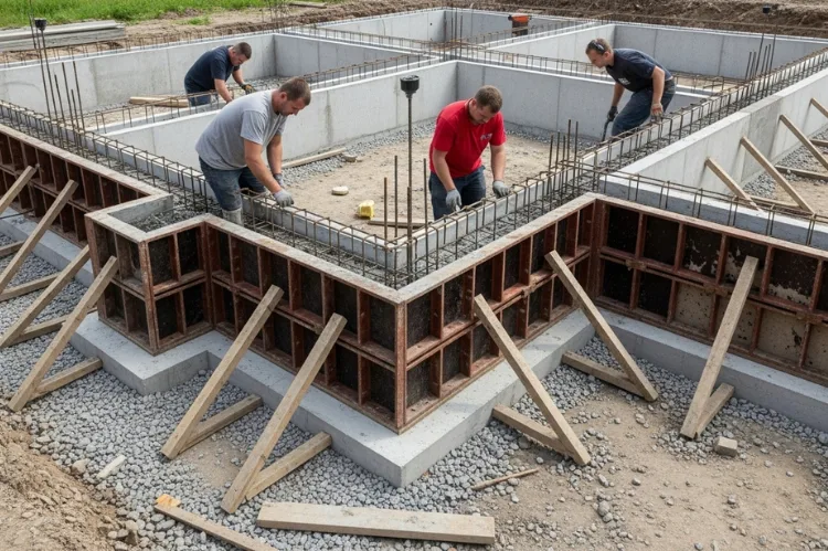 A solid modern house foundation being constructed.
