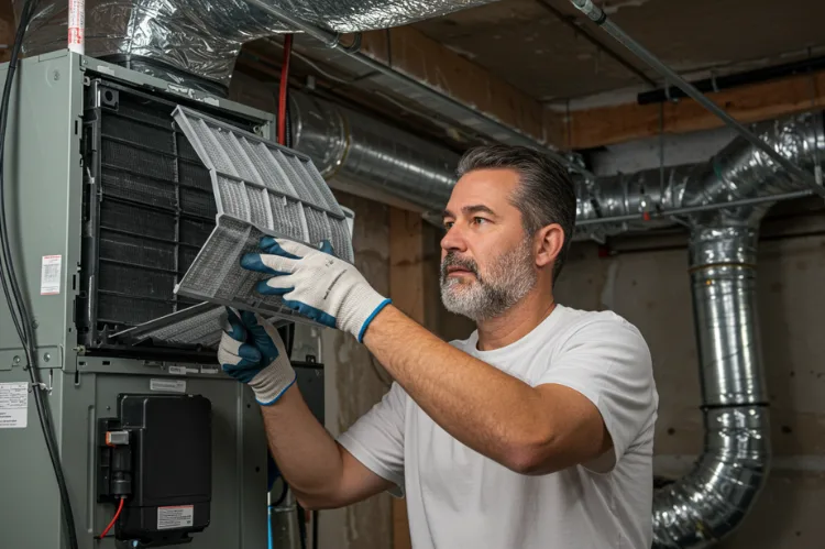 A Homeowner cleaning air ventsan HVAC air filter in a residential system.-HVAC repair services
