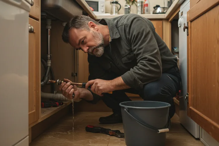 A home repair scene with a plumber fixing a burst pipe.