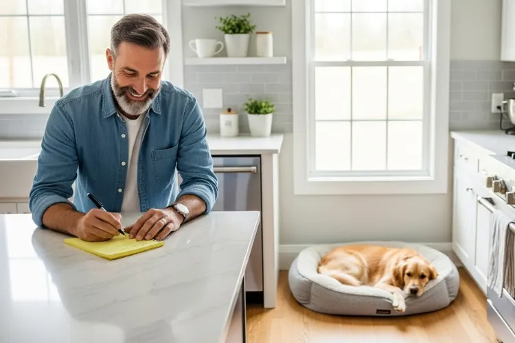 Happy pet owner writing a chore list in a clean kitchen with a tidy dog bed.
