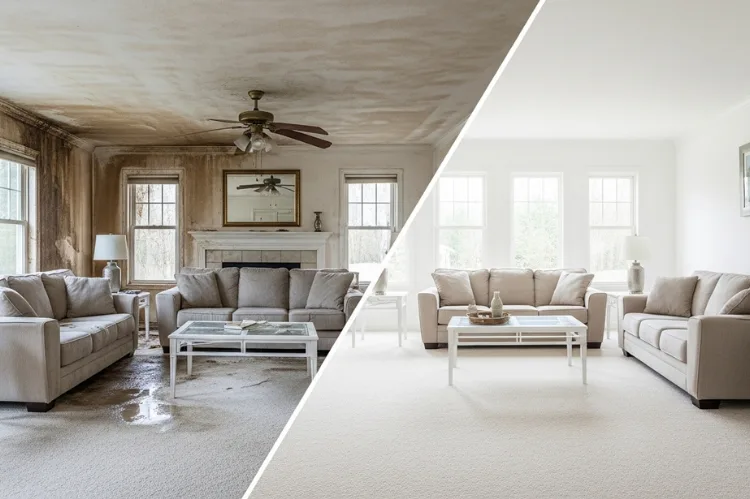 side-by-side view: one half shows a leaking,the other shows a dry, clean living room.