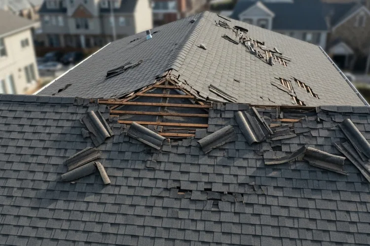 a damaged roof with curled, cracked, or missing shingles.