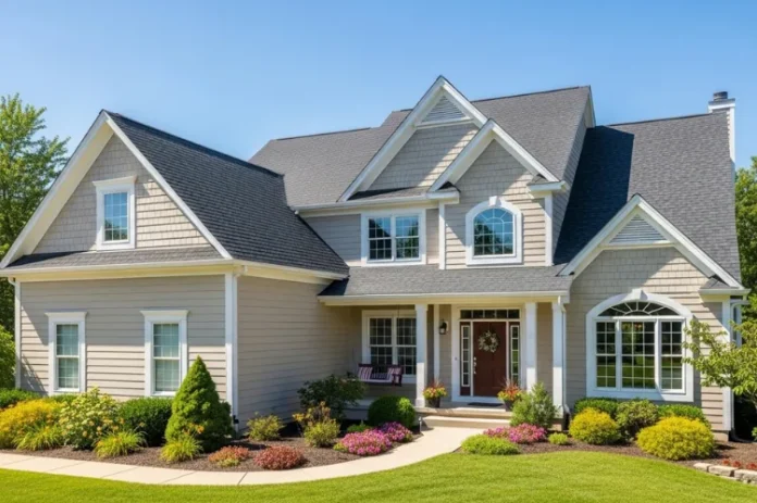 A well-maintained suburban home with a new, clean roof.
