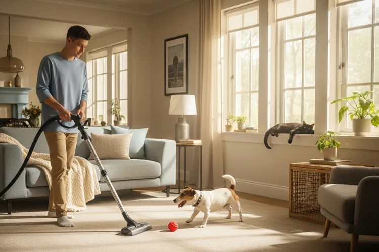 Pet-friendly living room with a person steam cleaning a soft beige carpet.