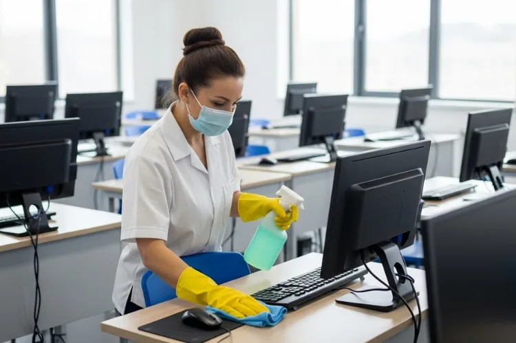 Professional cleaner sanitizing a classroom with desks, computers.
