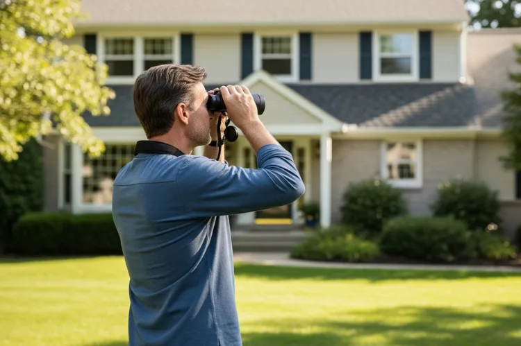 A homeowner using binoculars to inspect their roof from the yard.