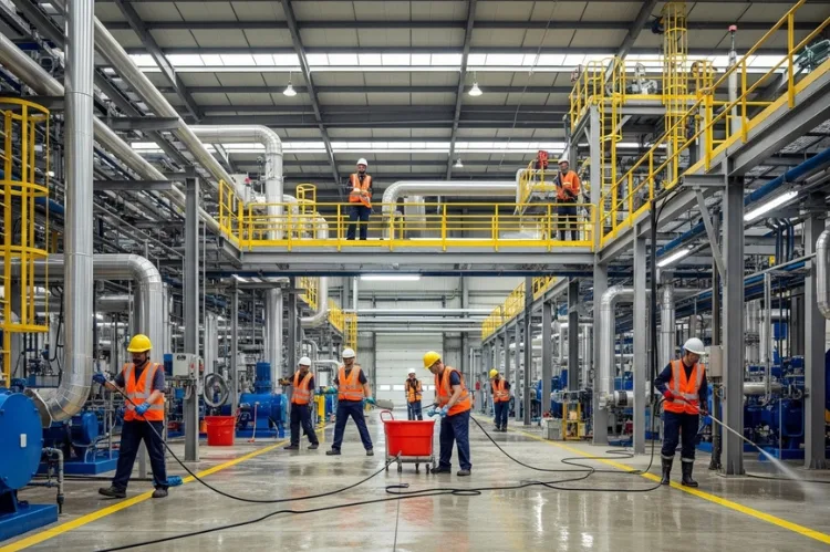 Industrial facility being cleaned by a workers.