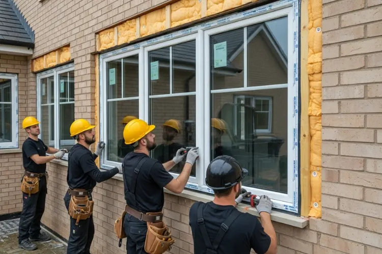 Professional installers fitting new windows into a home wall. -window installation tips 