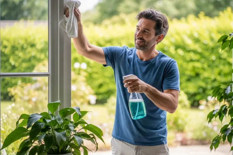 A homeowner cleaning windows with a soft cloth and eco-friendly spray. -window installation tips 
