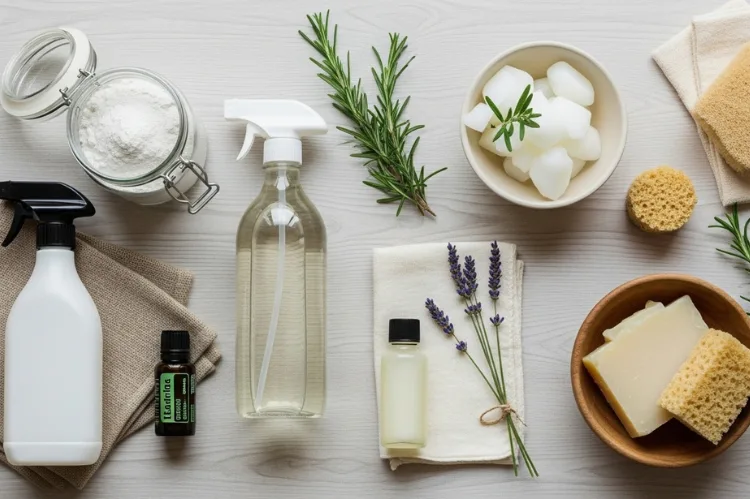 Flat lay of natural pet-safe cleaning supplies.