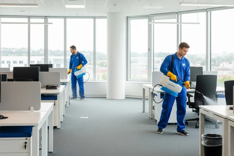 Modern office being cleaned by professional using electrostatic.