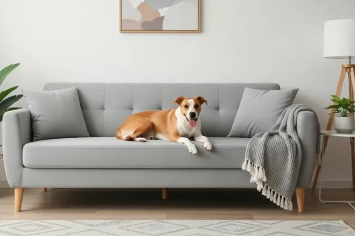 Cozy living room with a happy dog rest on a clean couch.