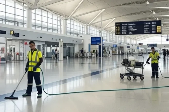 Two professional cleaners in high-visibility vests cleaning.