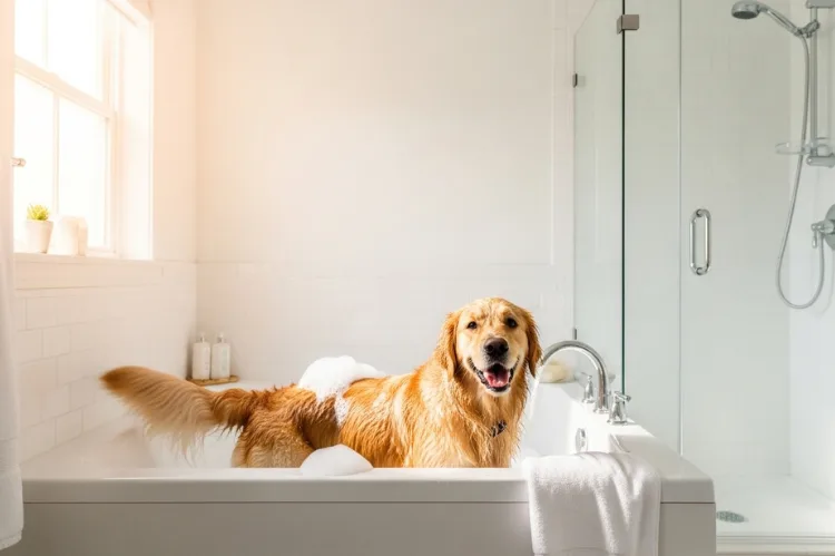 Golden retriever getting a bath in a clean home bathroom.