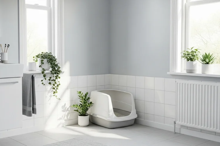 Clean modern bathroom corner with a fresh litter box.