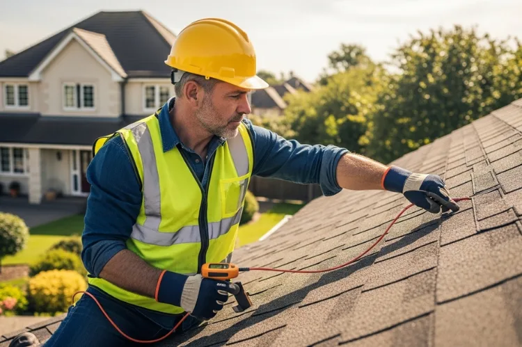 A professional roofer in safety gear inspecting a residential roof.