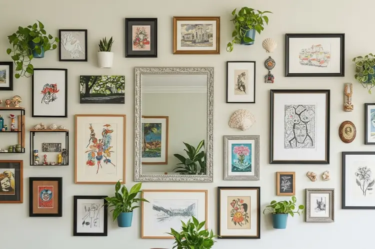 A gallery wall with mirrors, plants, small souvenirs, and frames arranged together.