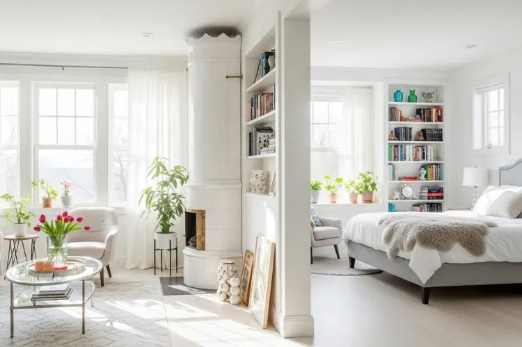 A bright and airy living room, bedroom,nook featuring.