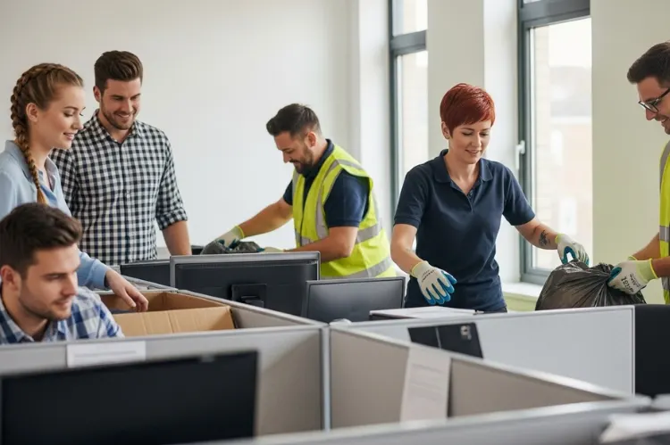 Office workers and a rubbish removal team clearing out desks.