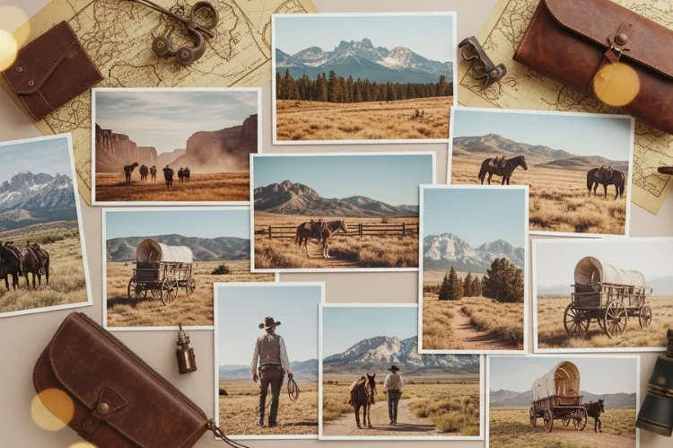 A flat lay of themed photo prints.