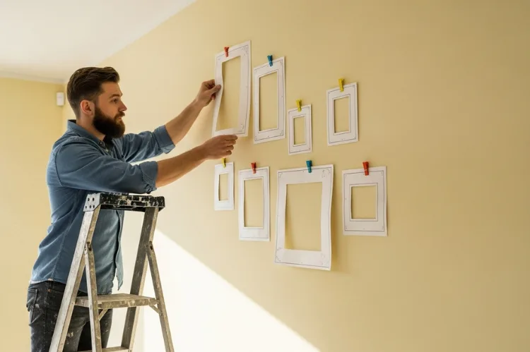 A man on a ladder placing paper templates of frame sizes on a wall.