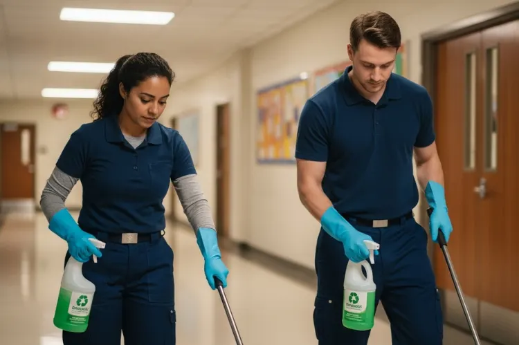 Two janitorial workers in uniforms clean a hallway using eco-friendly cleaning products.