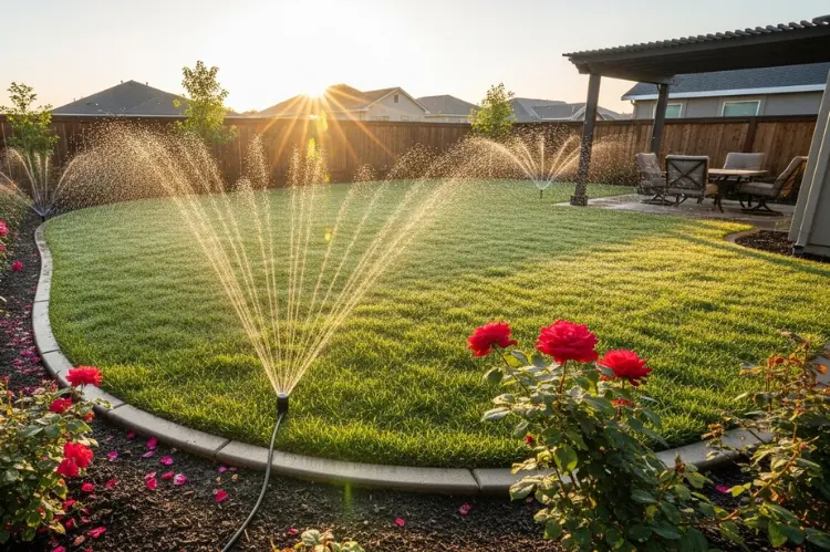 A backyard lawn being watered early in the morning with a smart irrigation system.