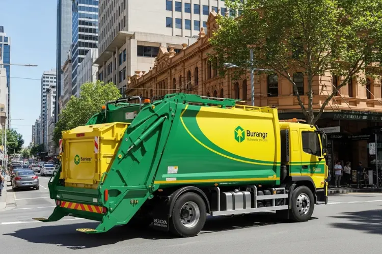 A waste removal truck parked on a busy Sydney street.