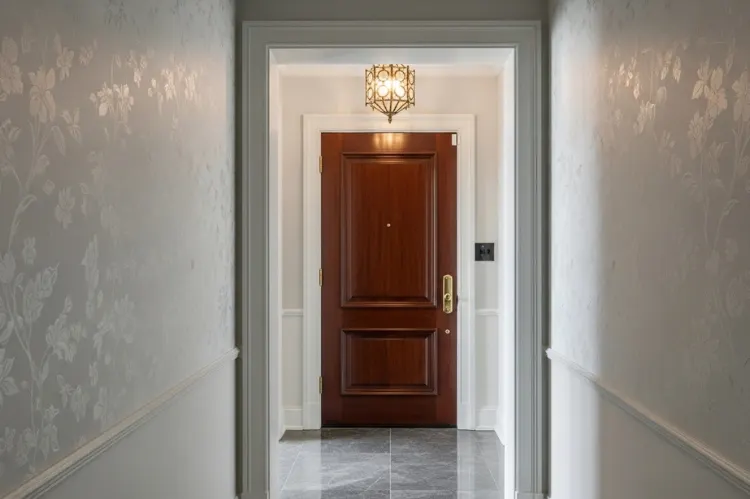 A narrow entryway with soft white beige walls.