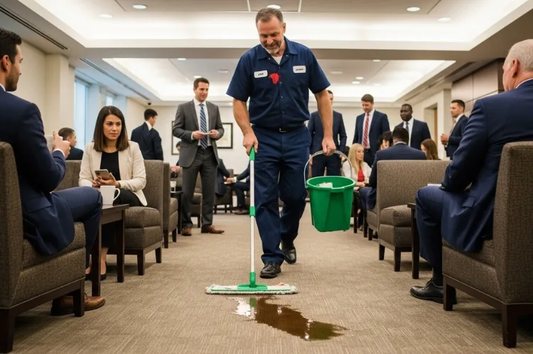A janitor responding quickly to a spilled coffee in a busy office lounge.