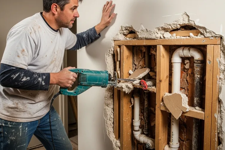 Contractor opening up a wall to reveal surprise plumbing damage. -house flipping Atlanta