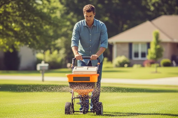 A man applying granular fertilizer to a lawn using a spreader cart.