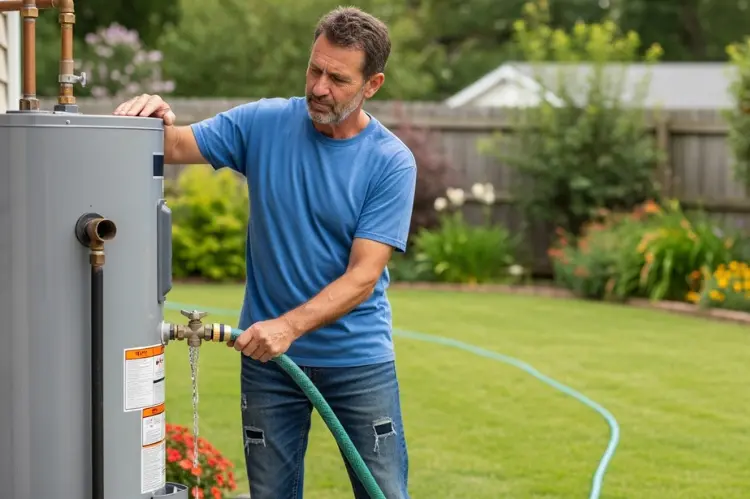 A man draining a water heater into a garden hose.