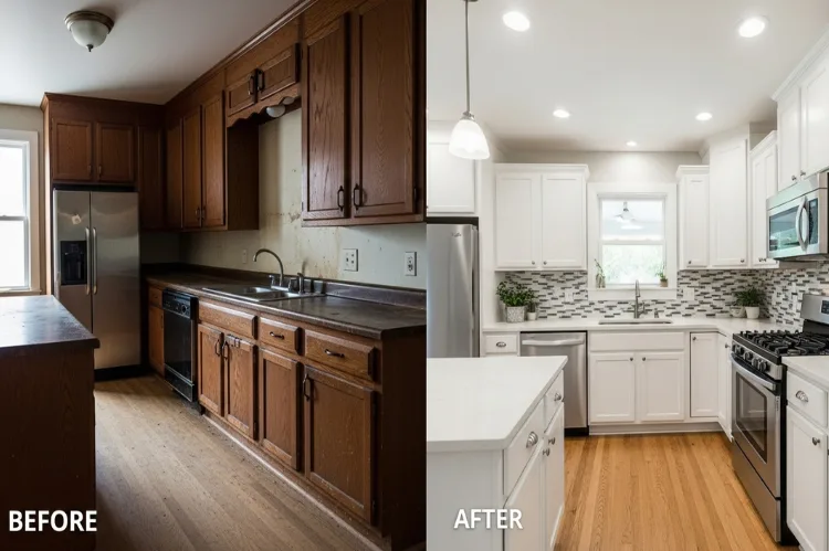 interior kitchen view Before and after.